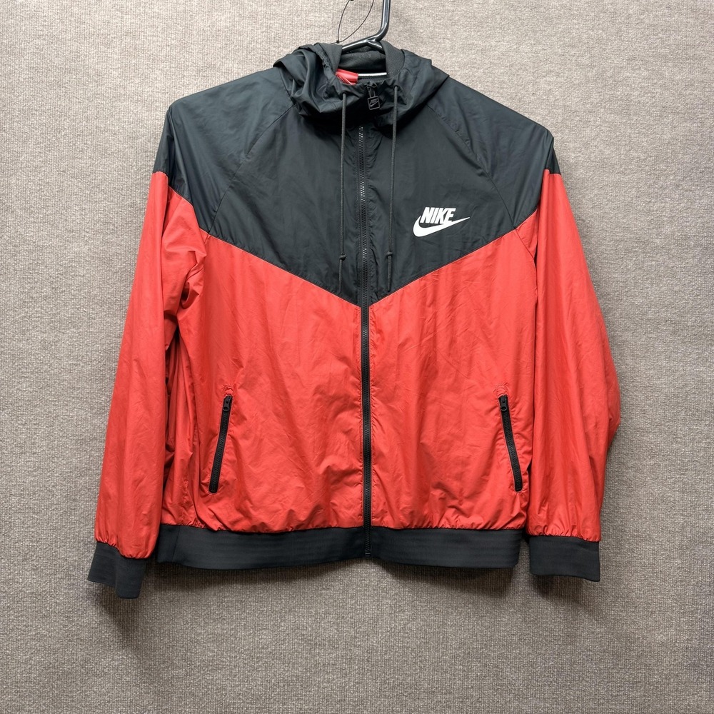 Nike Jacket Mens 2XL Red Black Windbreaker Hooded Full Zip Swoosh 544119-640